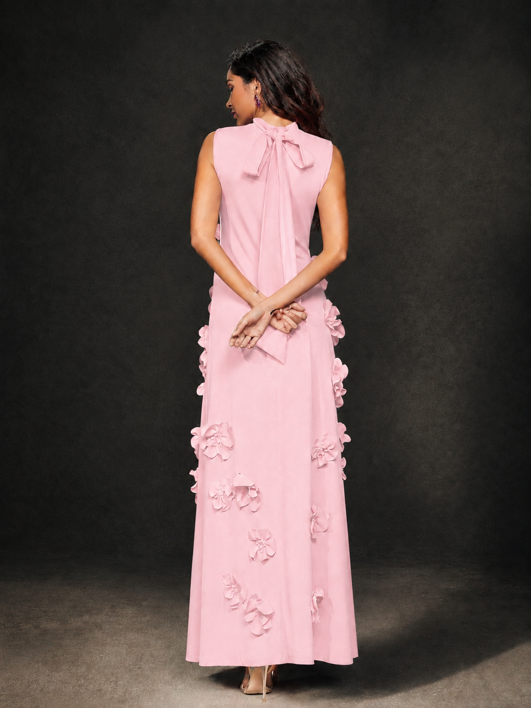 BOLODOO Blush Pink Mock Neck Sleeveless 3D Floral Appliqué Maxi Dress with Bow Back - Blush Pink