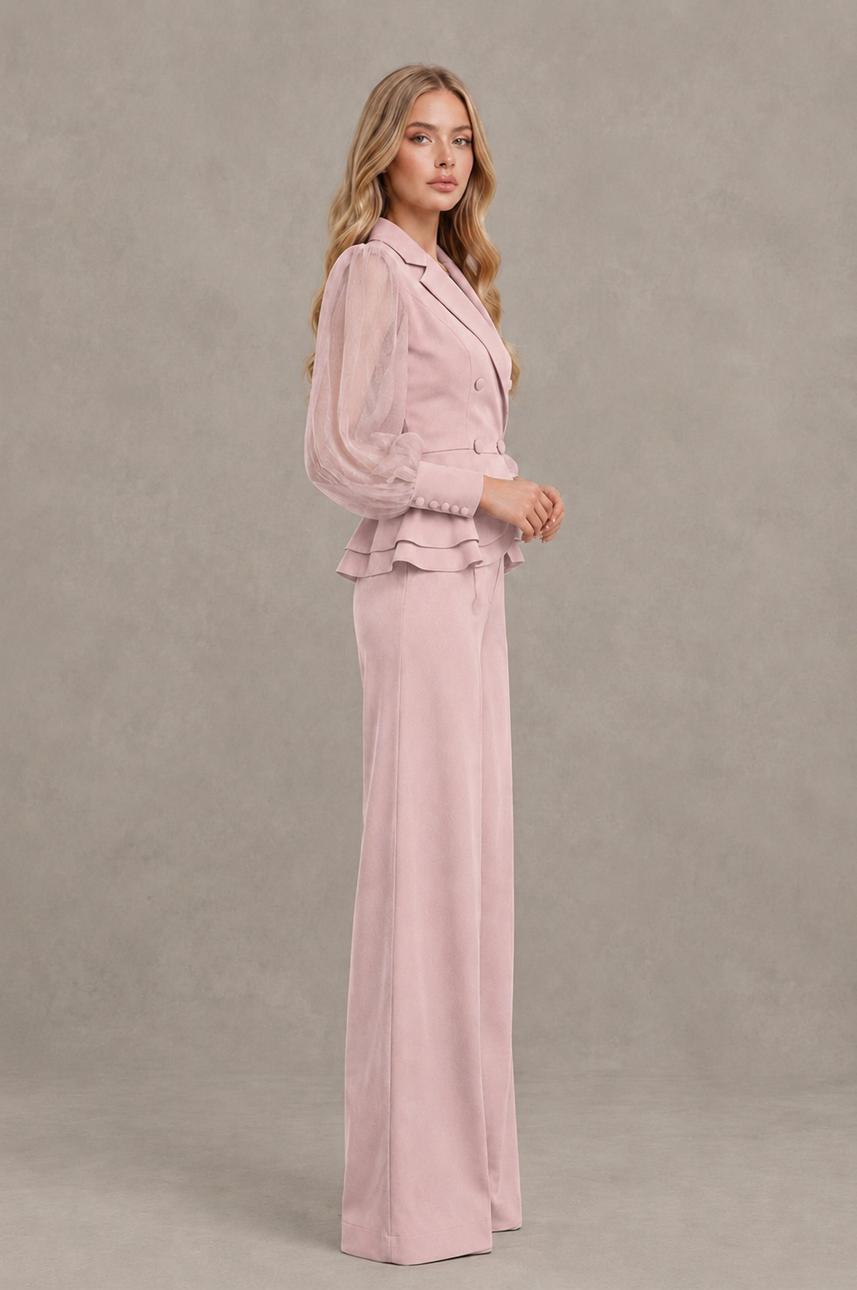 BOLODOO Mint Blush Pink Peplum Blazer Wide-Leg Pantsuit with Sheer Puff Sleeves - Blush Pink