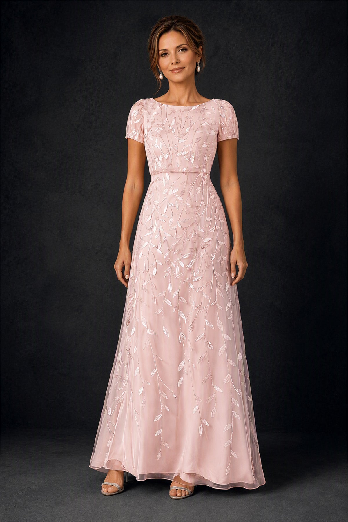 BOLODOO Blush Pink Leaf Embroidered A-Line Formal Gown with Cap Sleeves - Blush Pink