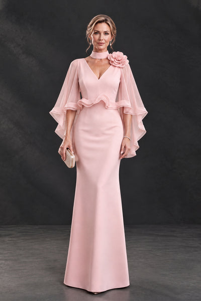 BOLODOO XX085 blush pink mother of the bride dress with shoulder flower, V-neck and cape sleeves, full front view
