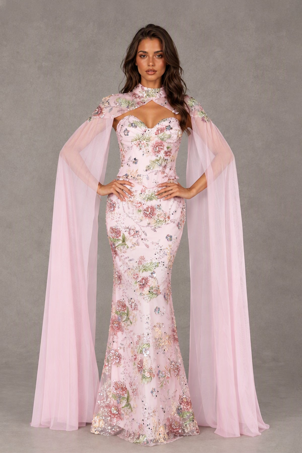 BOLODOO XX074 blush pink floral mermaid prom dress front view with flowing sheer cape
