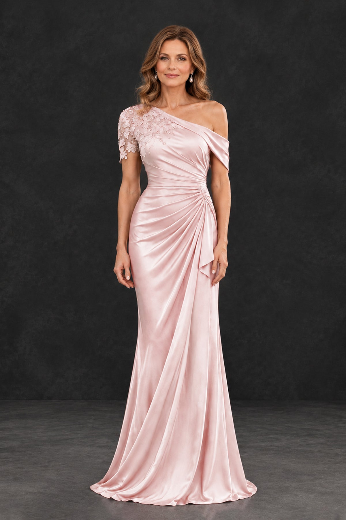 BOLODOO XX069 blush pink asymmetric satin-look mother of the bride dress with floral lace short sleeve, front view