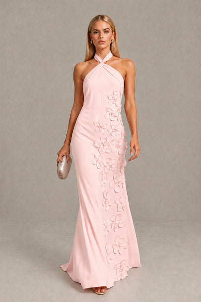 BOLODOO Blush Pink Cross Halter Neck 3D Floral Appliqué Backless Mermaid Maxi Gown 