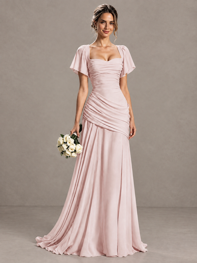 Blush pink flutter sleeve maxi dress with open lace-up corset back