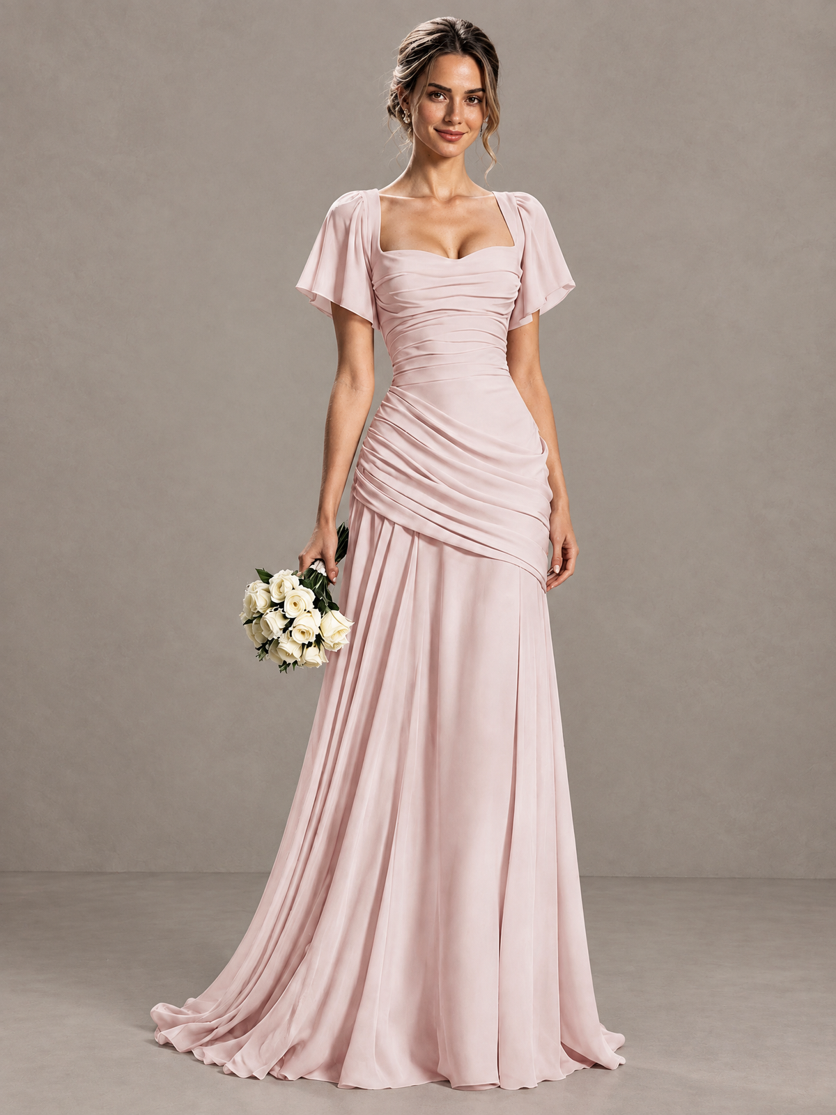 Blush pink flutter sleeve maxi dress with open lace-up corset back