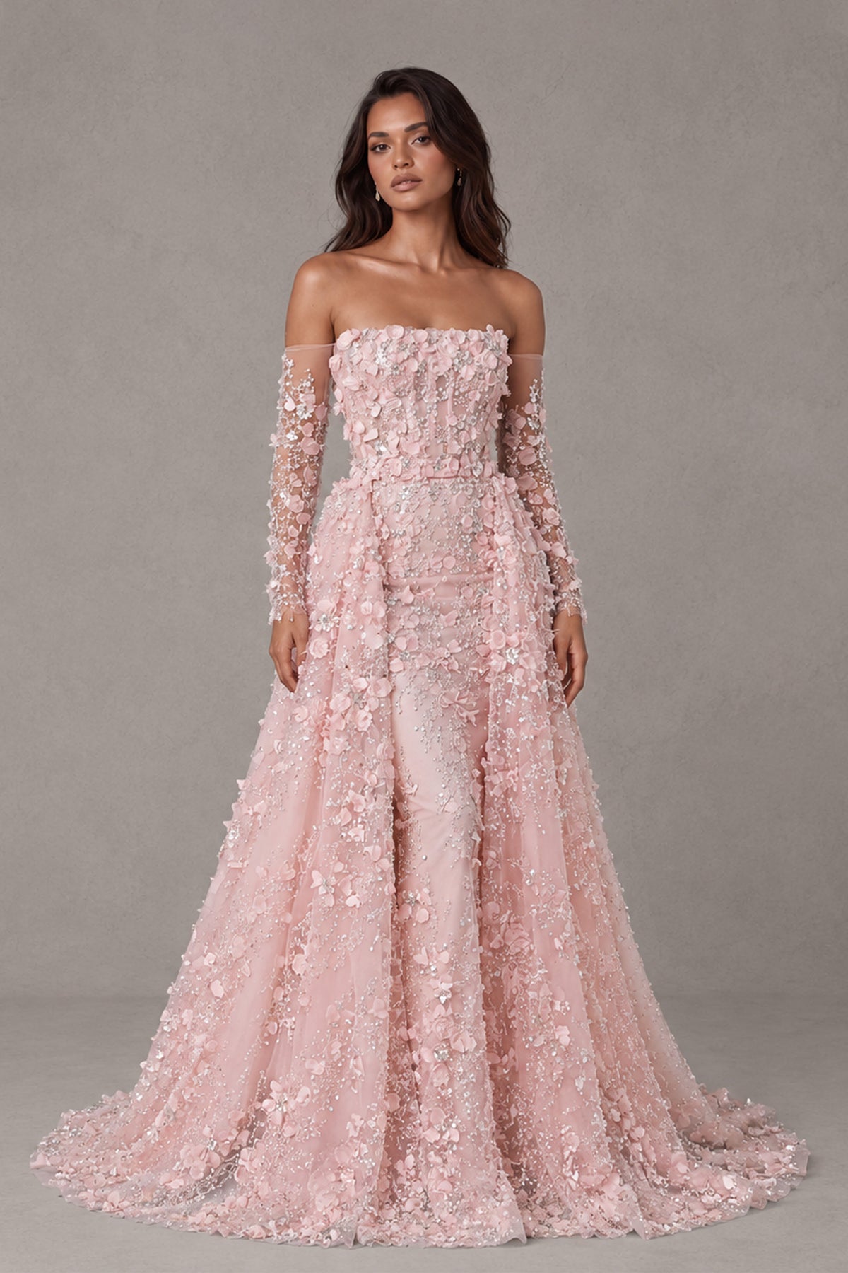 BOLODOO XX054 blush pink off shoulder floral lace gown with sheer long sleeves, full front view