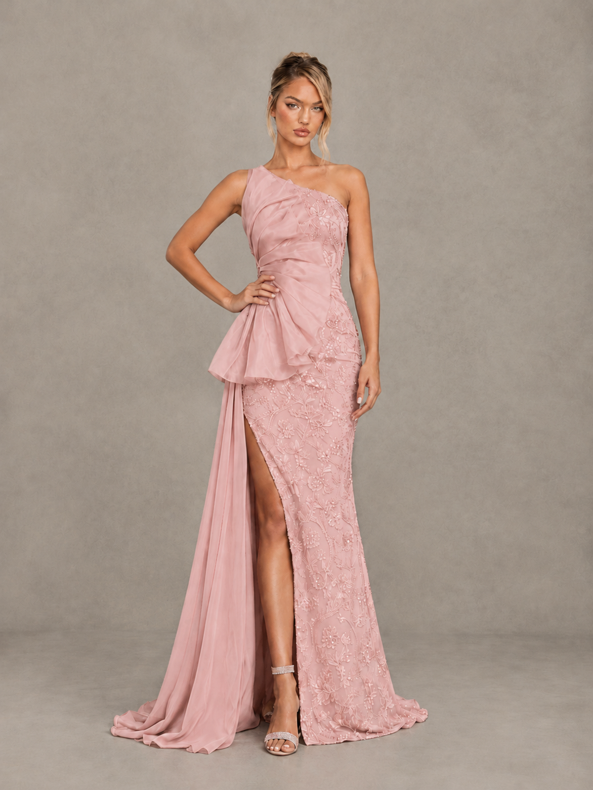 BOLODOO blush pink floor-length evening gown, front pose showing gathered waist and flowing train