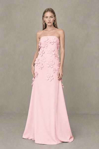 BOLODOO Blush Pink Strapless 3D Floral Appliqué Crepe Maxi Gown 