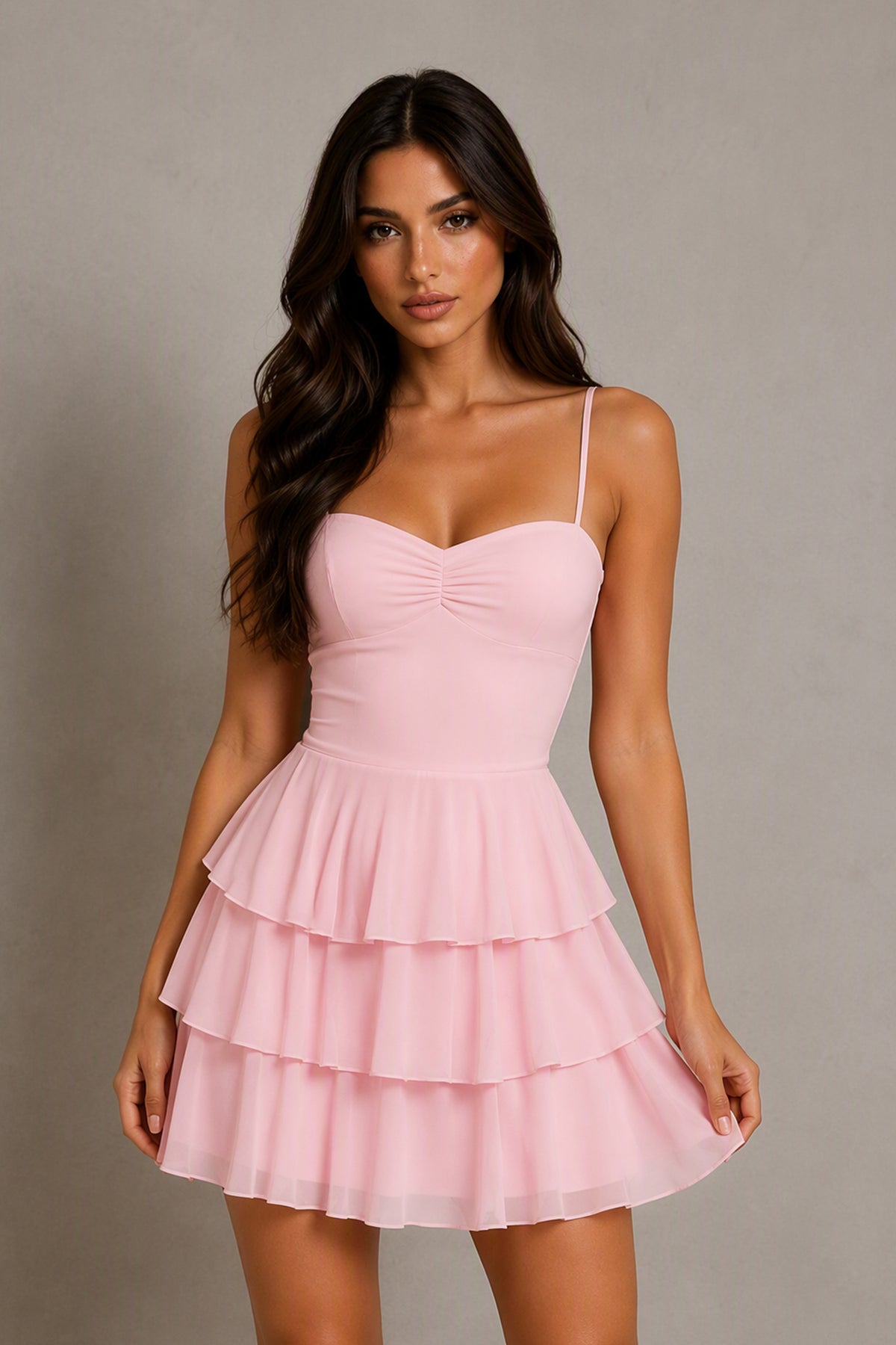 BOLODOO Blush Pink Chiffon Sweetheart Spaghetti Strap Lace-Up Back Tiered Ruffle Mini Dress - Front View
