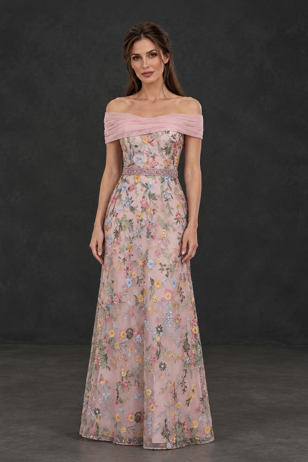 BOLODOO XX068 blush pink off-the-shoulder floral mother of the bride dress, full front view
