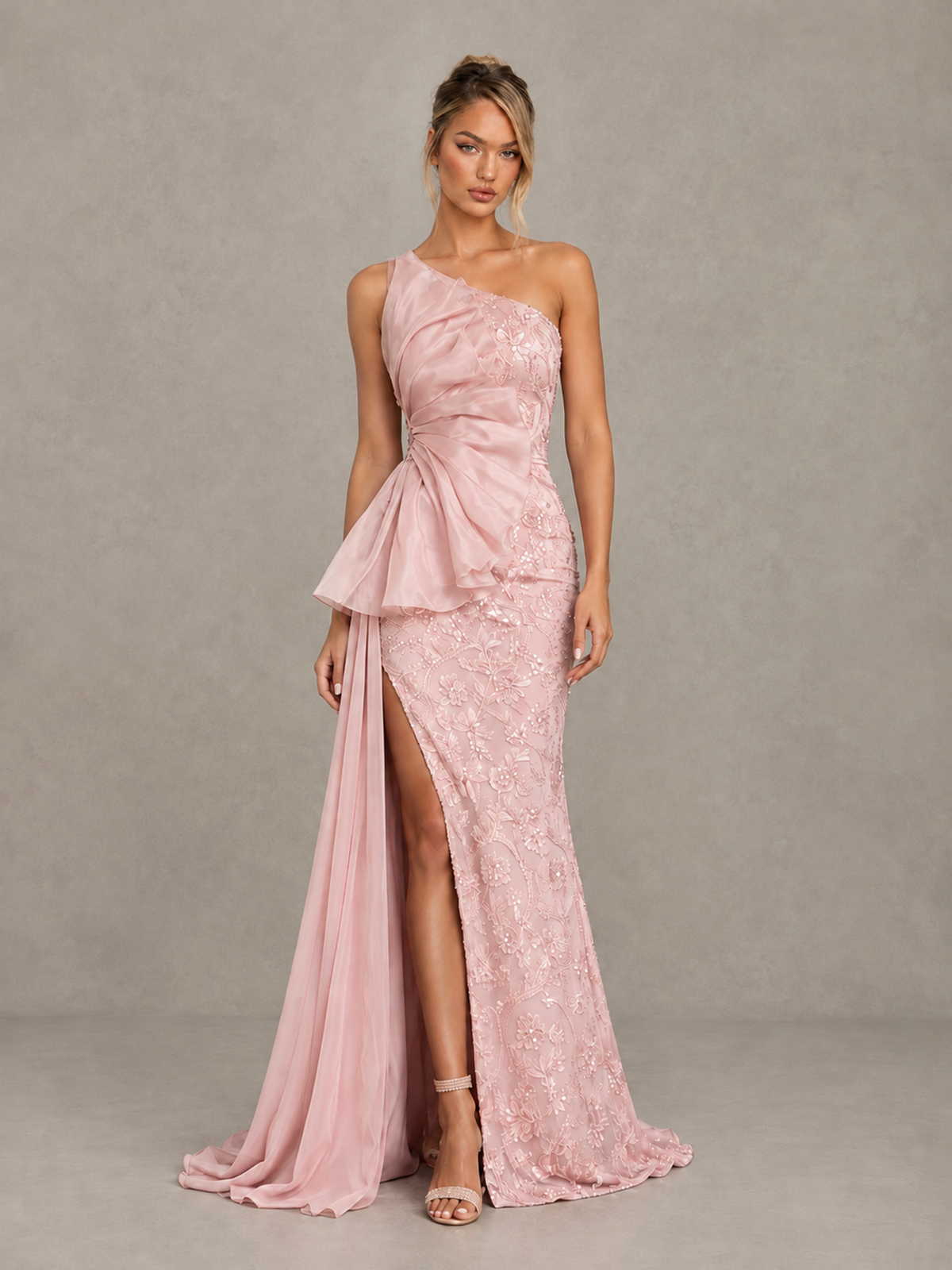 BOLODOO XCD008 blush pink one-shoulder floral lace evening gown, front view with high slit and side drape