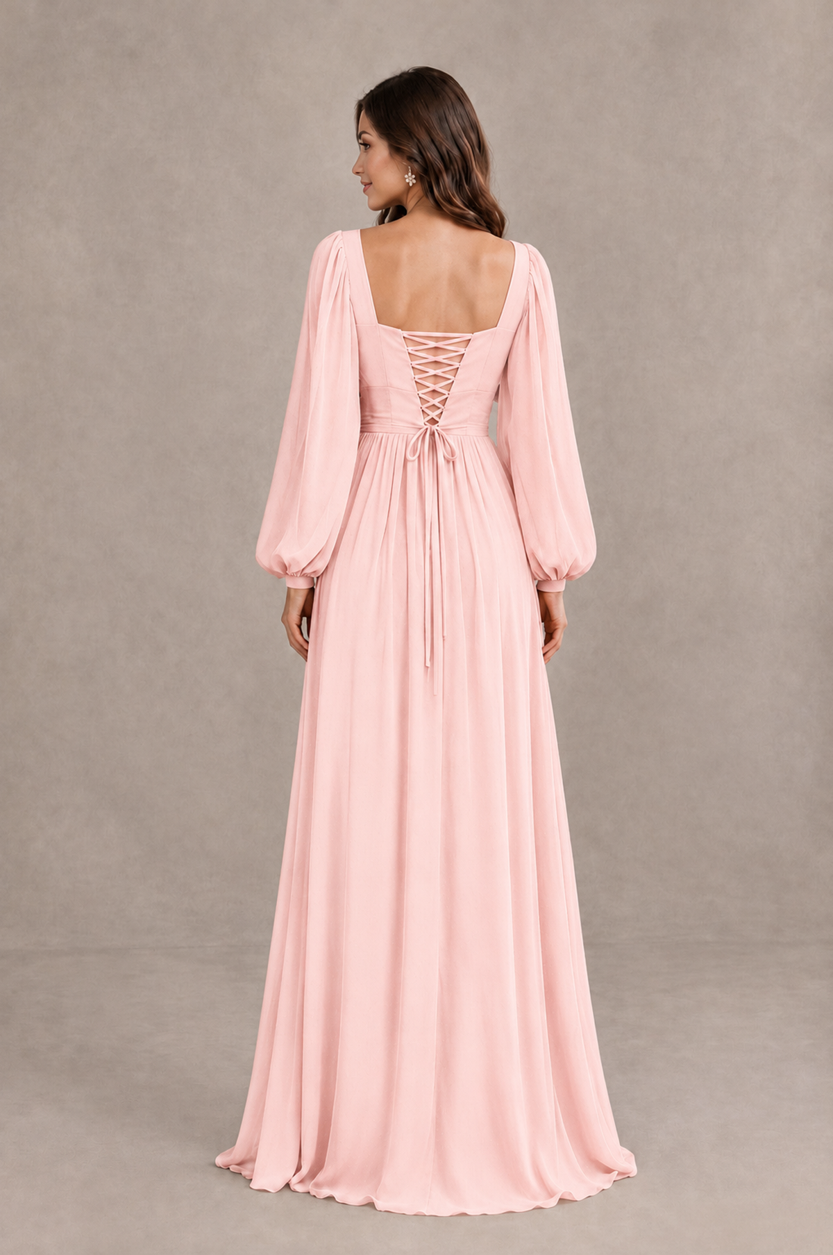 BOLODOO blush pink long sleeve bridesmaid dress, open back with crisscross lace-up ties