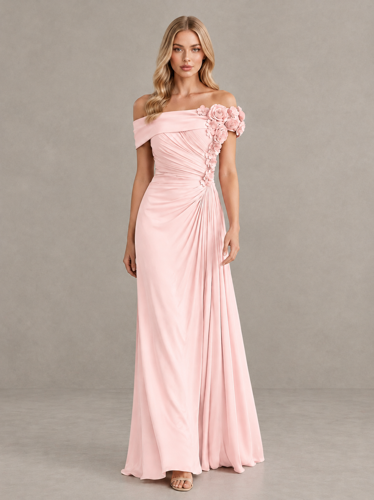 BOLODOO Blush Pink Off-Shoulder Floral Applique Wedding Guest Maxi Dress 