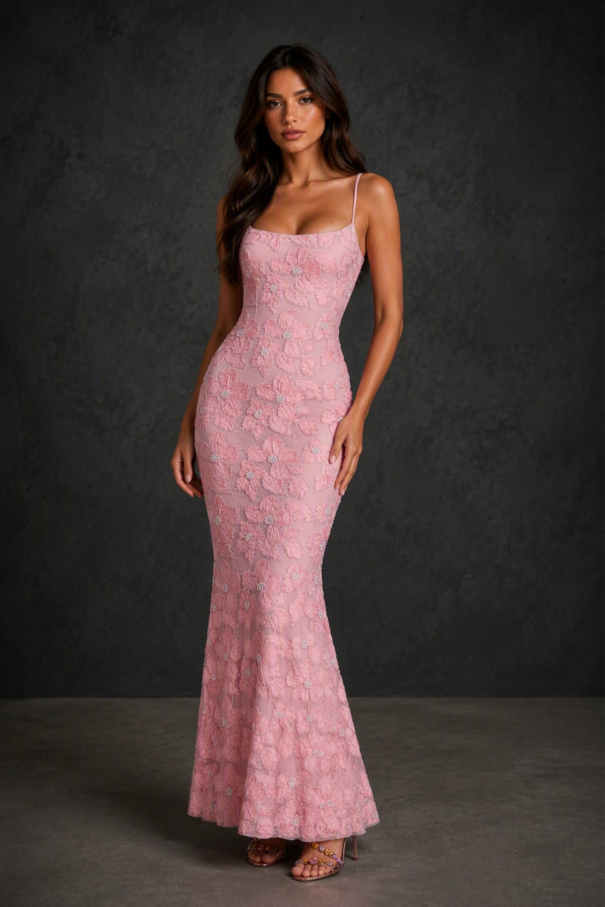 BOLODOO Blush Pink Floral Lace Mermaid Maxi Gown - Front view showing scoop neckline, spaghetti straps and fitted mermaid silhouette