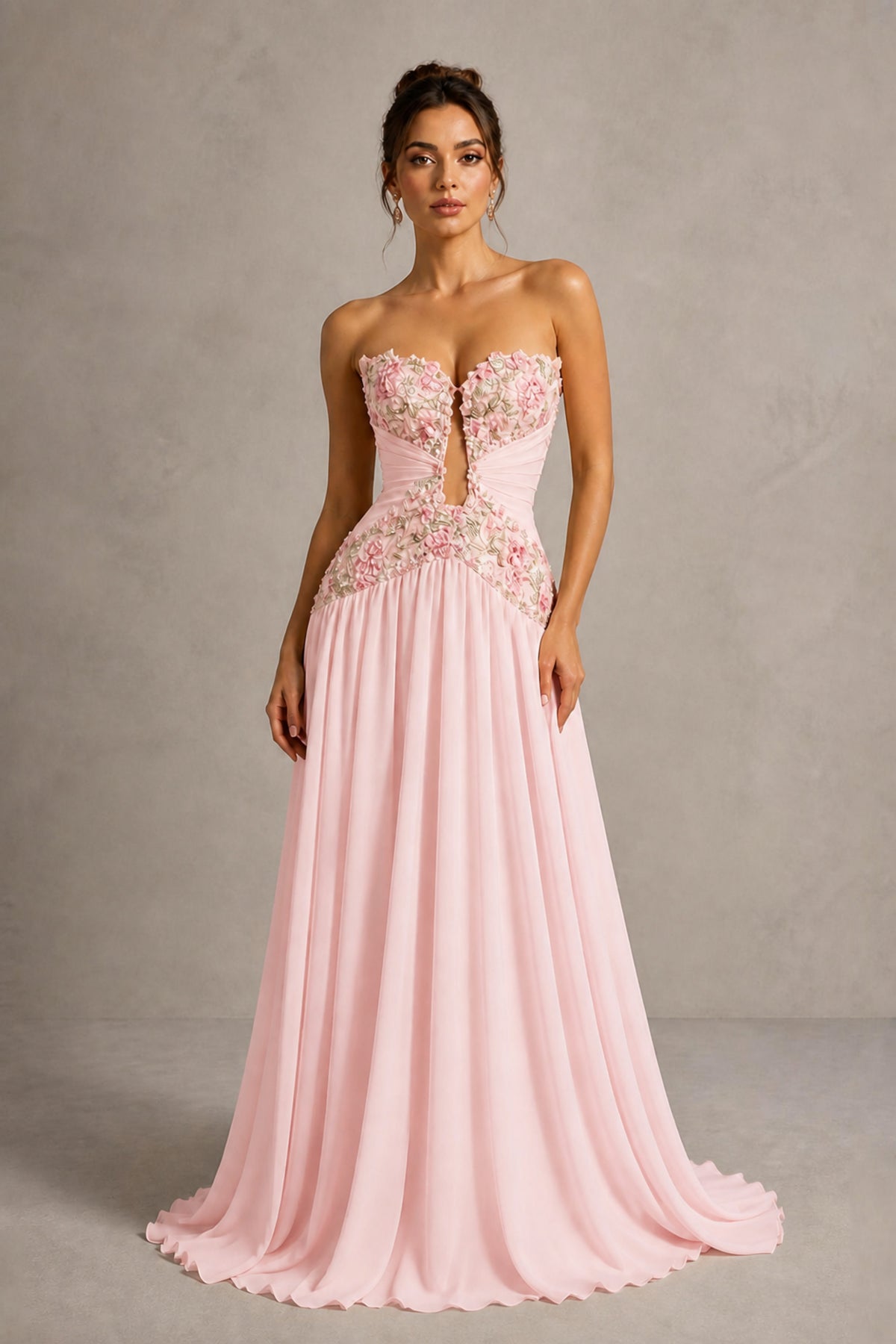 BOLODOO Blush Pink Strapless Chiffon A-Line Gown with 3D Floral Appliques - Front View