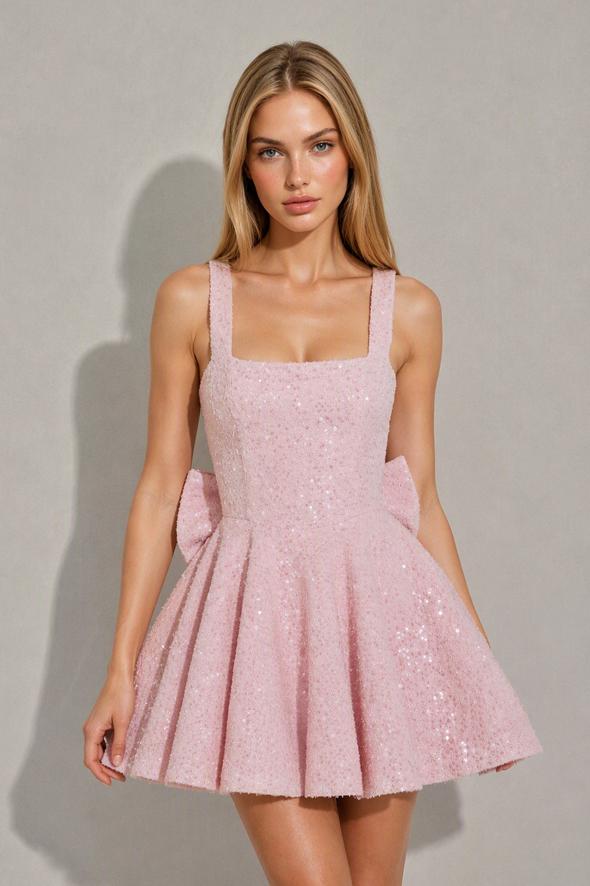 BOLODOO Blush Pink Sequin Square Neck Wide Strap Bow Waist Open Back Fit and Flare Mini Dress - Front View