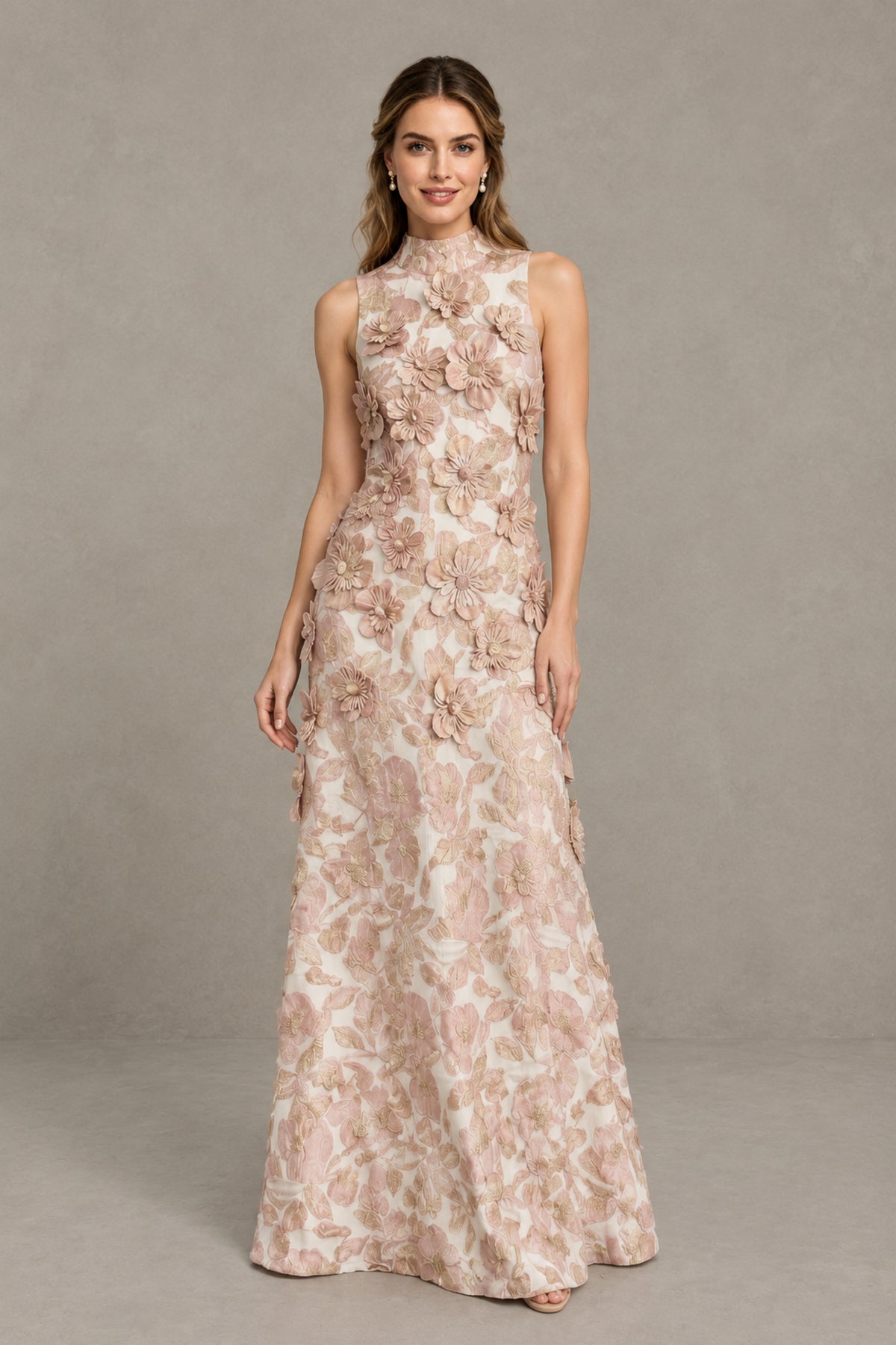 Front view of BOLODOO FQ0058 blush pink high-neck sleeveless evening gown with 3D floral appliques and floor-length skirt