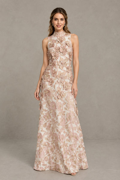 Front view of BOLODOO FQ0058 blush pink high-neck sleeveless evening gown with 3D floral appliques and floor-length skirt