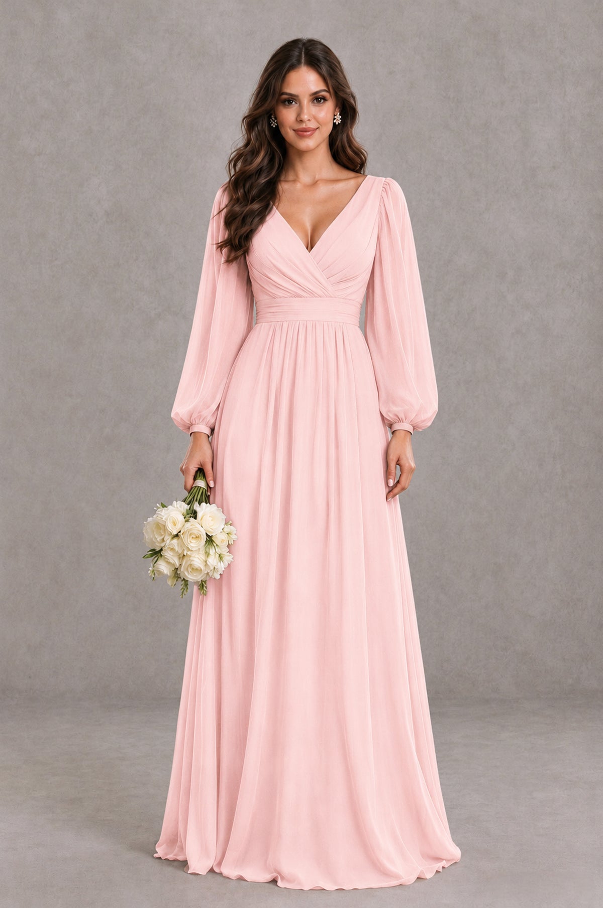 BOLODOO blush pink bishop sleeve bridesmaid gown, front view styled with a white bouquet