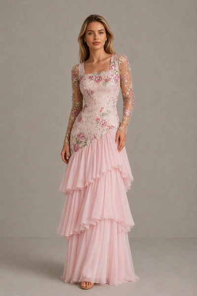 BOLODOO blush pink floral lace maxi dress front view with square neckline and long sheer sleeves