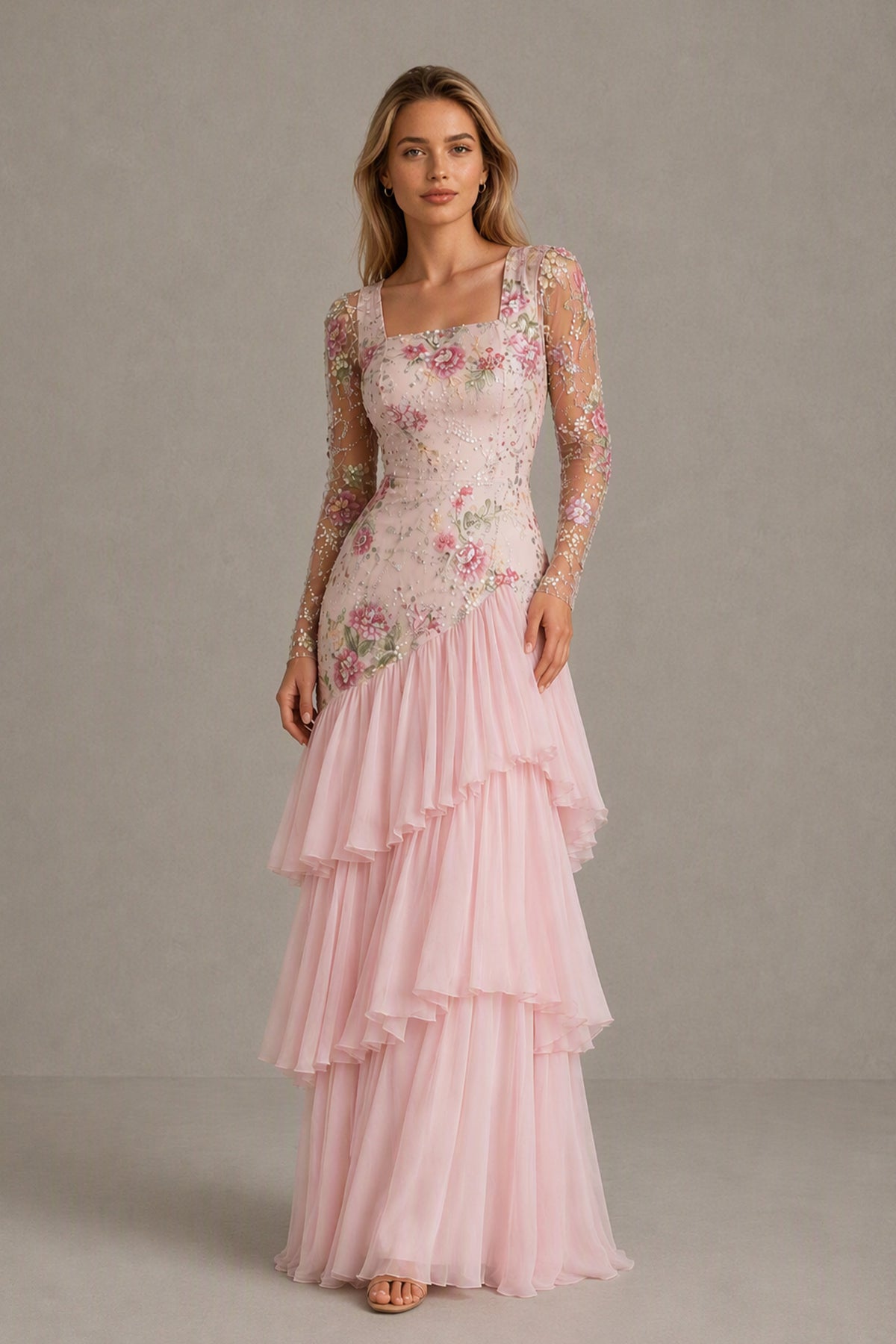 BOLODOO blush pink floral lace maxi dress front view with square neckline and long sheer sleeves
