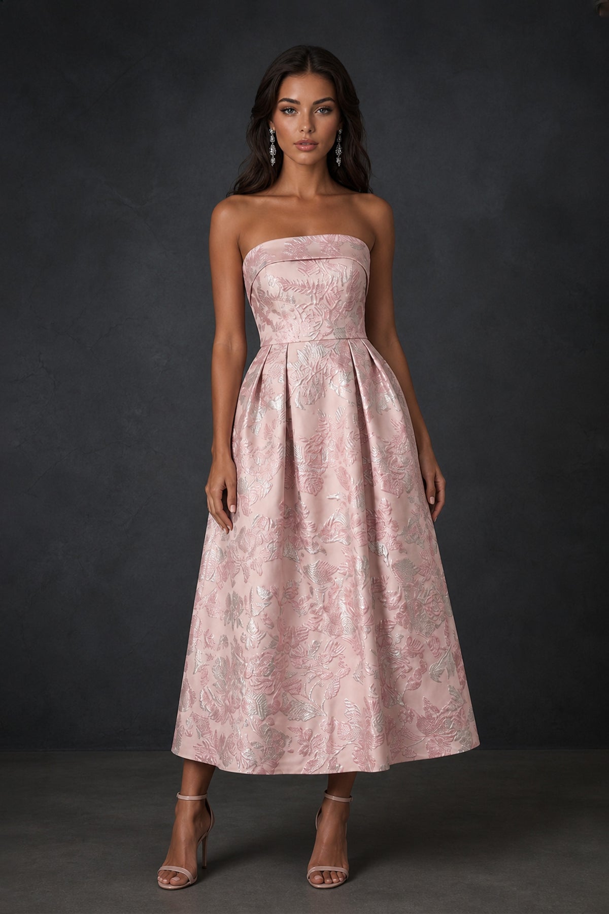 BOLODOO Blush Pink Strapless Floral Jacquard Tea-Length Dress - Side View with Pocket Detail