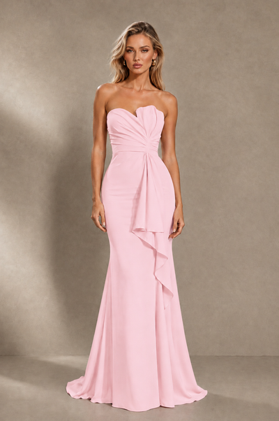 BOLODOO Blush Pink Strapless Sweetheart Ruched Mermaid Gown | Cascade Drape Formal Evening Dress 