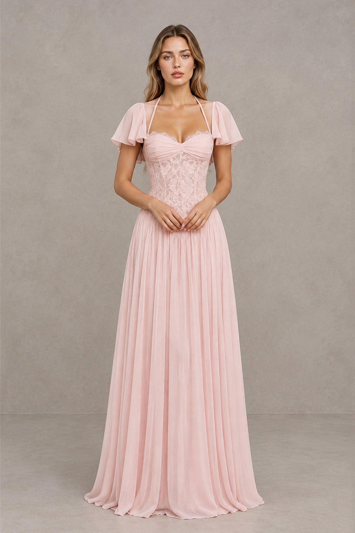 BOLODOO blush pink flutter sleeve lace corset maxi dress, full front view