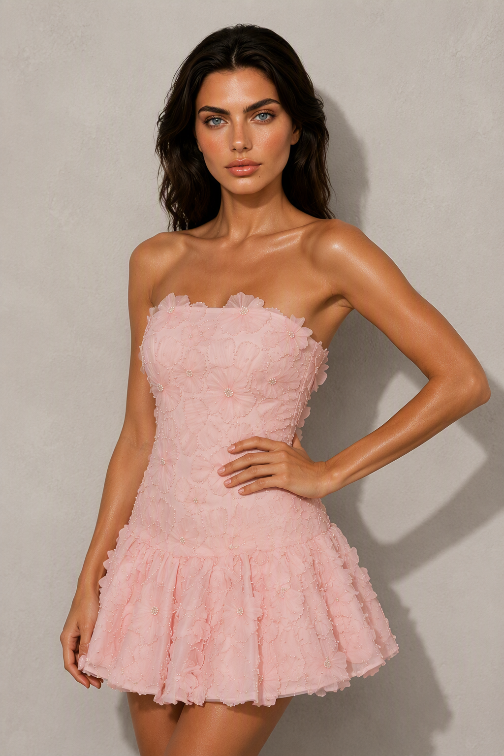 BOLODOO Blush Pink 3D Floral Tulle Strapless Corset Mini Dress - Front Close-Up