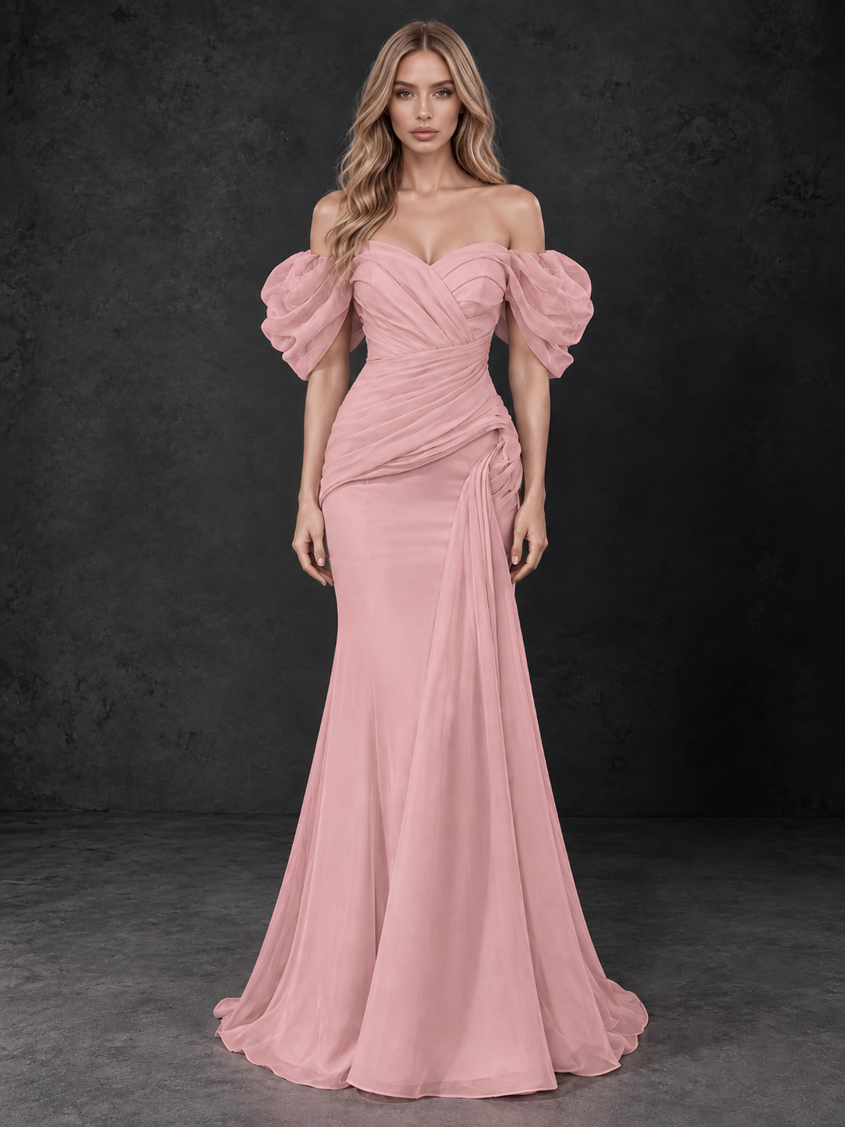 BOLODOO Blush Pink Off-Shoulder Puff Sleeve Mermaid Evening Dress 