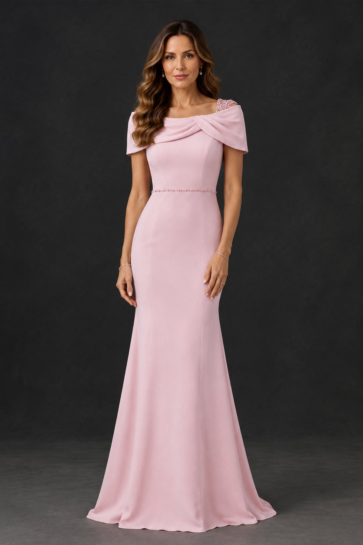 BOLODOO XX081 blush pink mother of the bride dress front view with draped cape neckline and embellished waist