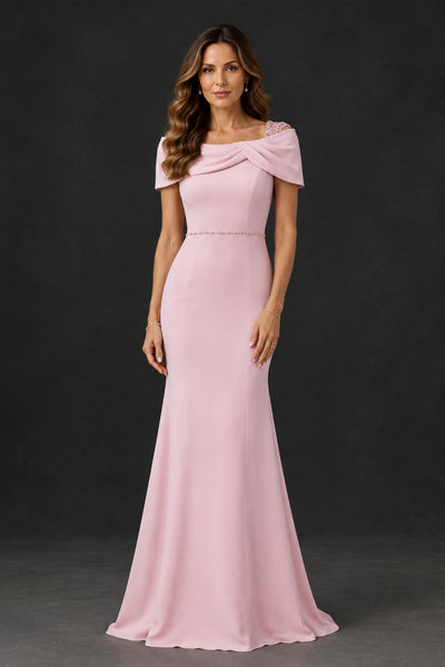BOLODOO XX081 blush pink mother of the bride dress front view with draped cape neckline and embellished waist