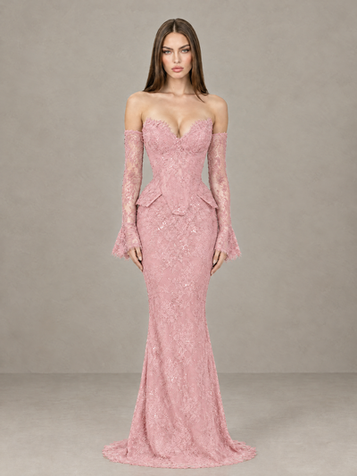 BOLODOO XCD012 blush pink lace mermaid evening gown, front view with off-shoulder long sleeves