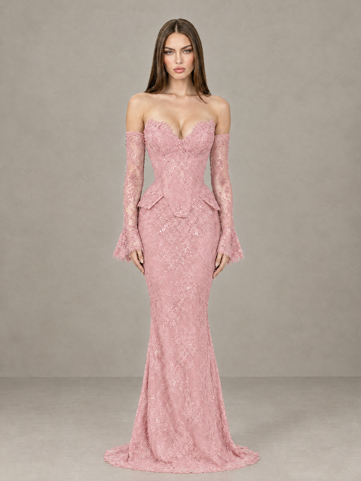 BOLODOO XCD012 blush pink lace mermaid evening gown, front view with off-shoulder long sleeves