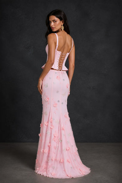 BOLODOO Blush Pink Two-Piece Set – Front Full Length View, 3D Floral Appliqué Mermaid Skirt