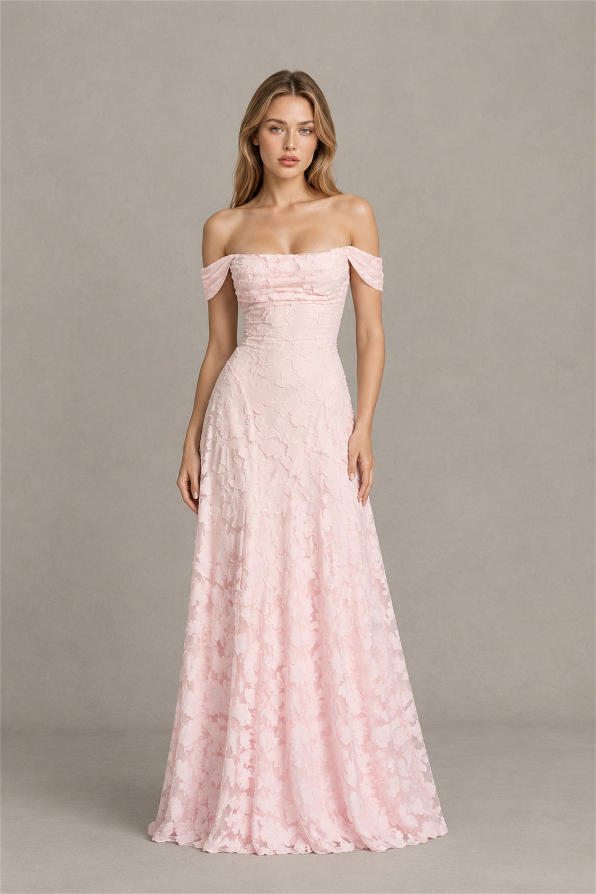 BOLODOO blush pink off shoulder floral maxi dress front full length view