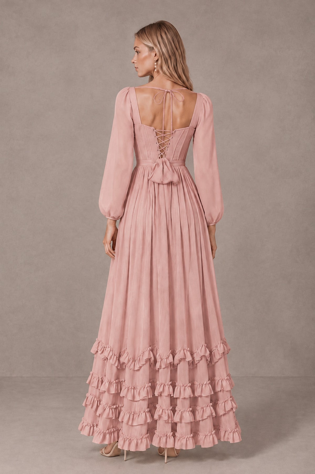 BOLODOO blush pink long-sleeve ruffle maxi dress with V-neck and high front slit, front view