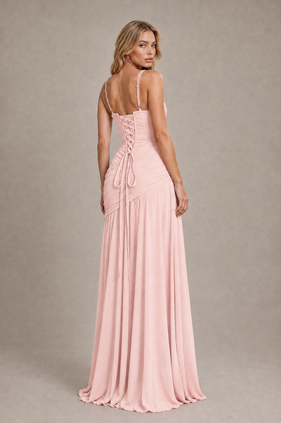 BOLODOO Blush Pink Spaghetti Strap Ruched Maxi Dress – Formal Evening Gown with Slit 