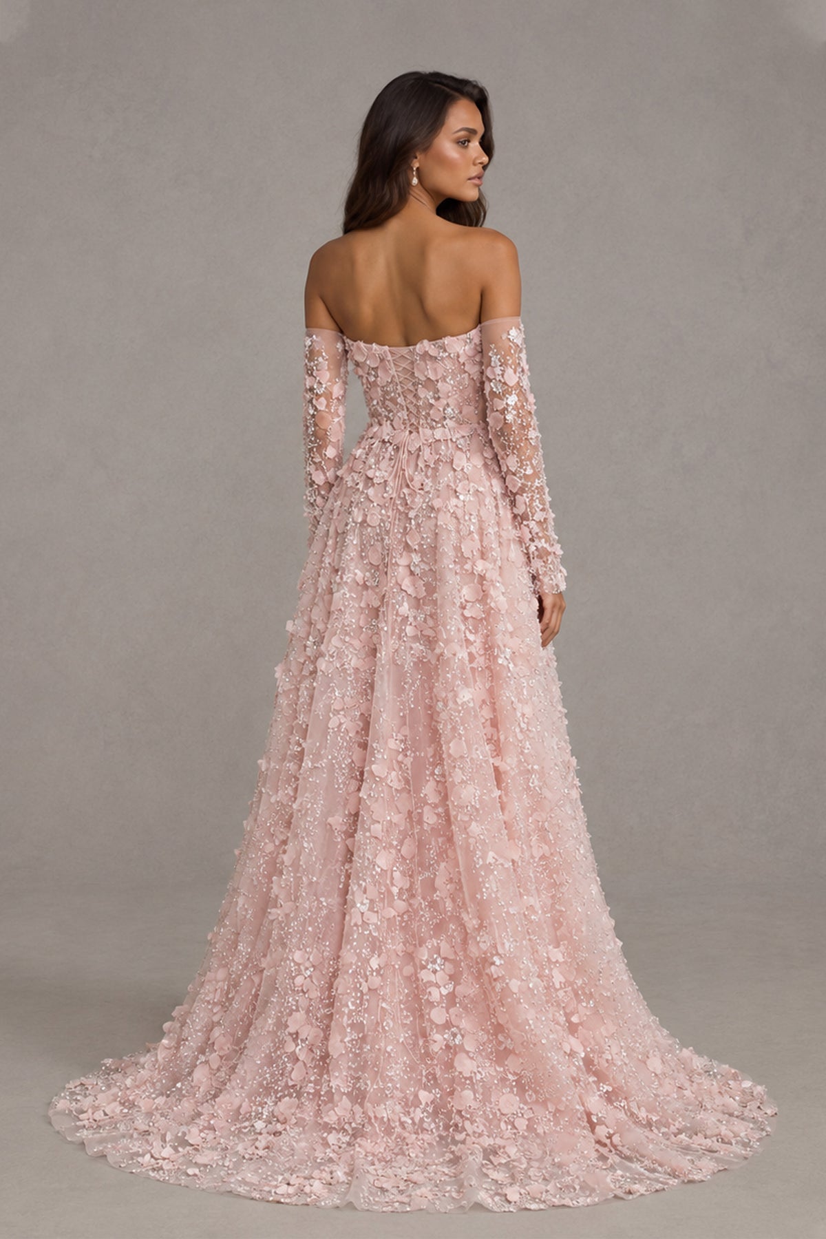 BOLODOO XX054 blush pink lace gown, back view showing exposed upper back and sweeping train