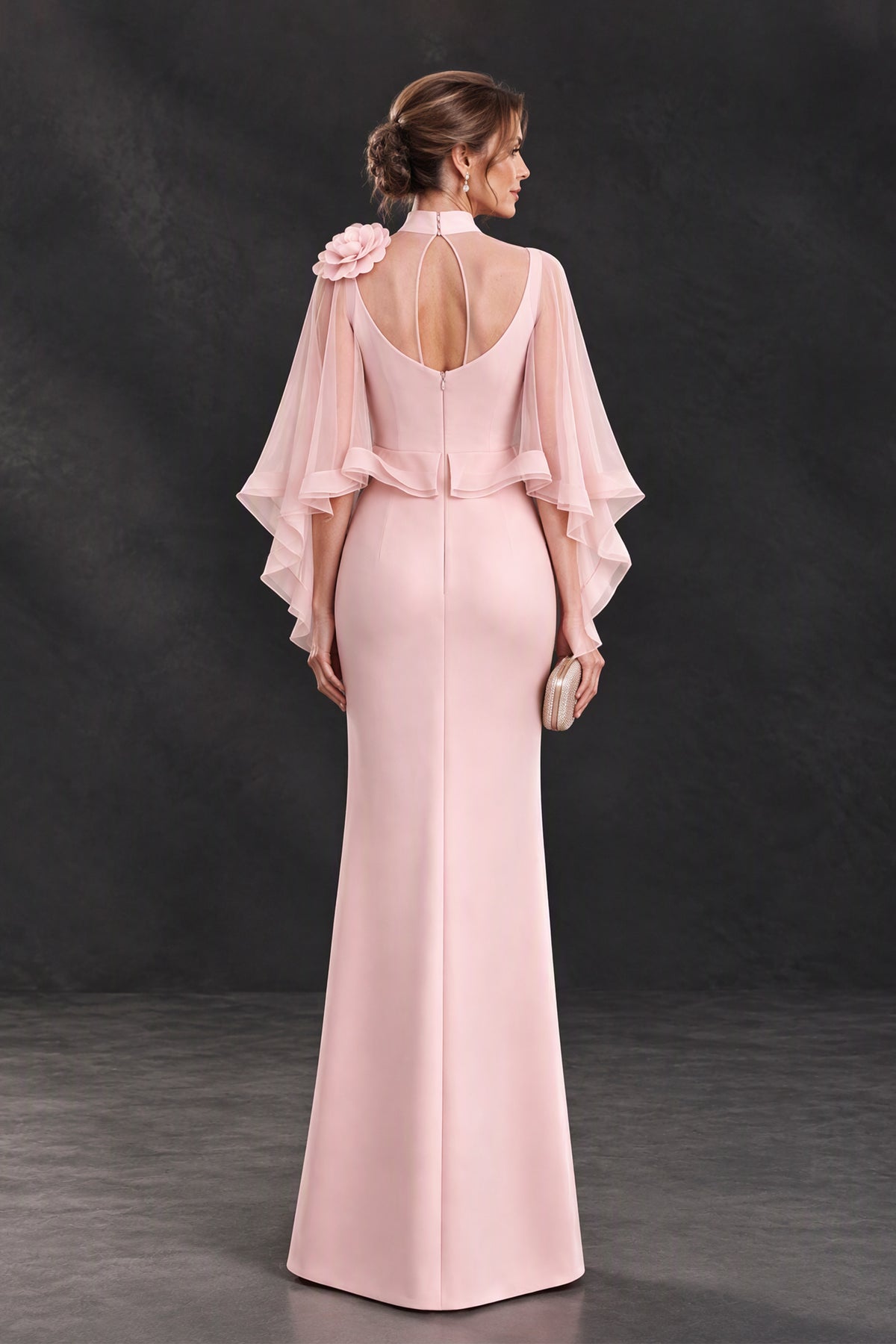 BOLODOO XX085 blush pink mother of the bride dress showing open upper back, narrow strap detail and back zipper, rear view