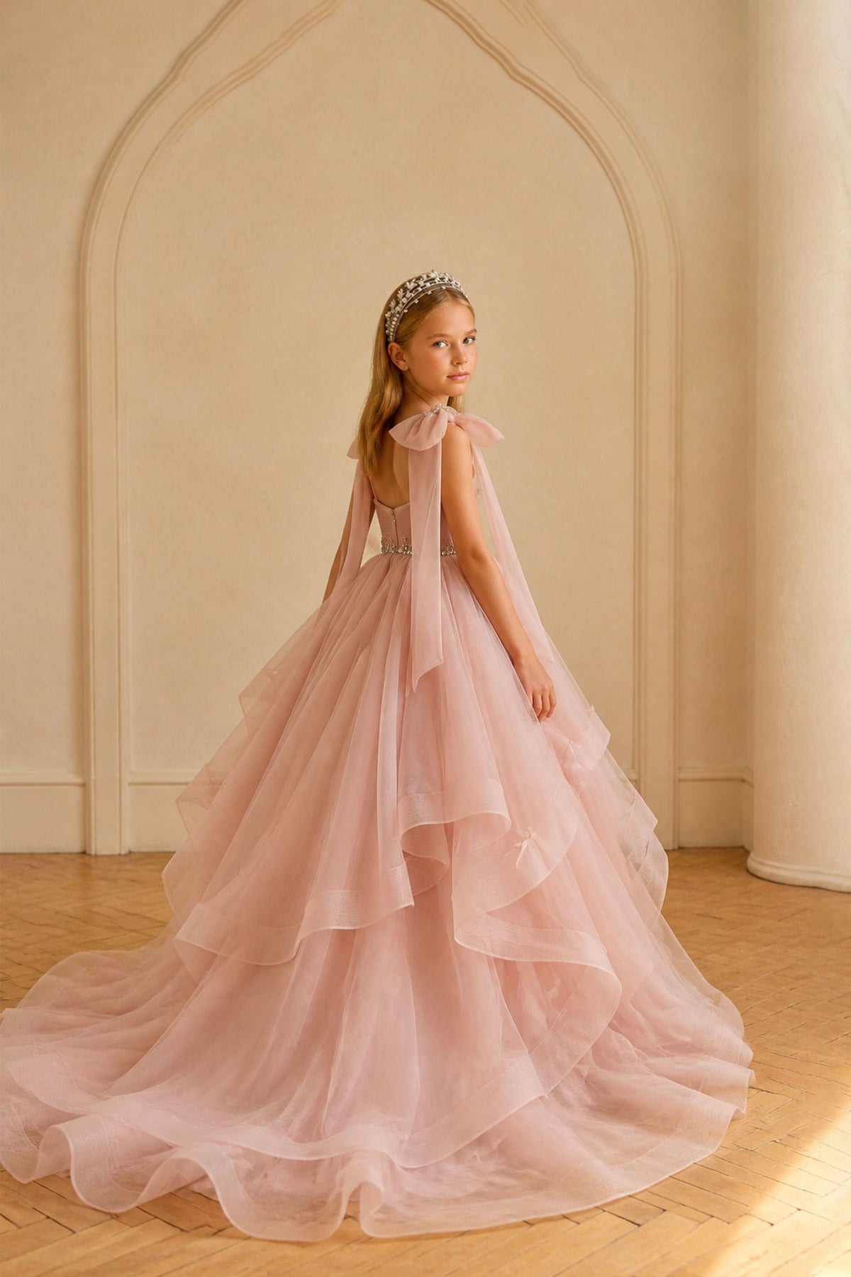 BOLODOO Girls Blush Pink Tiered Tulle Ball Gown Open Back View – Ribbon Tie Detail and Cathedral Train