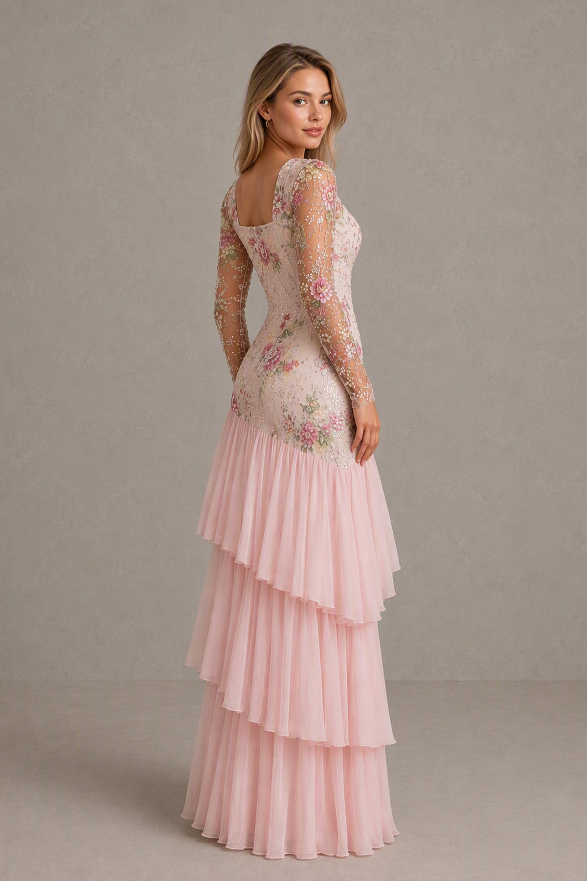 BOLODOO blush pink floral long sleeve floor-length dress with layered ruffle skirt