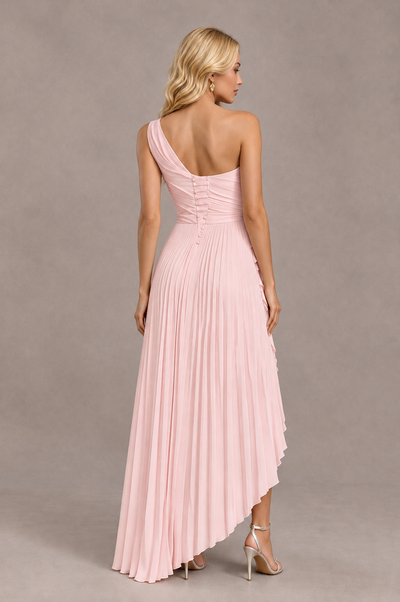 BOLODOO Blush Pink One-Shoulder High-Low Ruffle Maxi Dress 