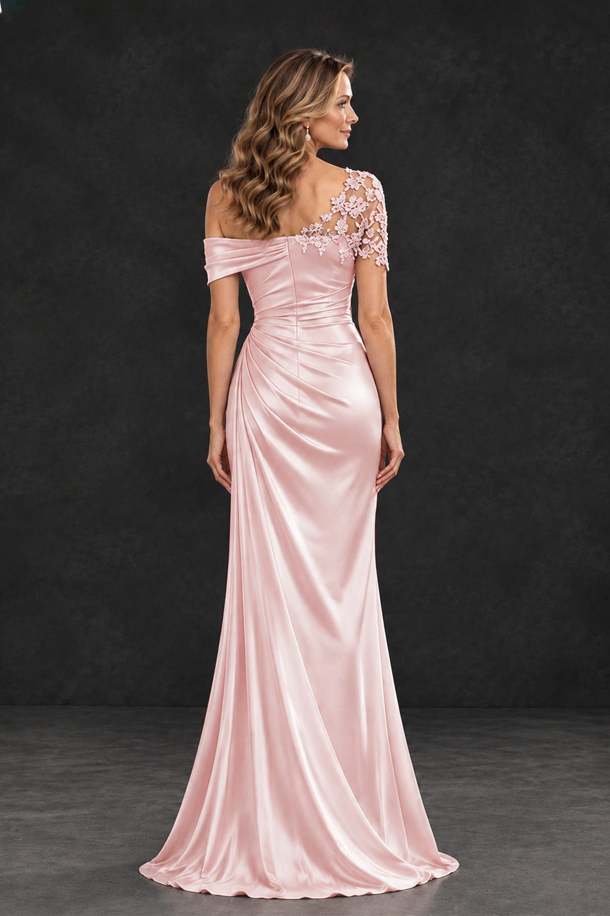 BOLODOO blush pink mother of the bride dress, back view showing floral lace shoulder, zipper and sweeping hem