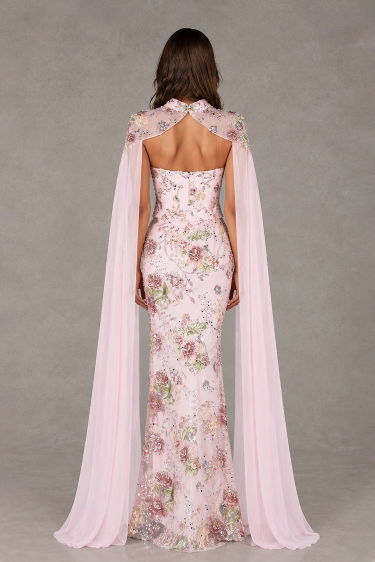 BOLODOO XX074 floral mermaid evening dress back view with exposed upper back and long cape