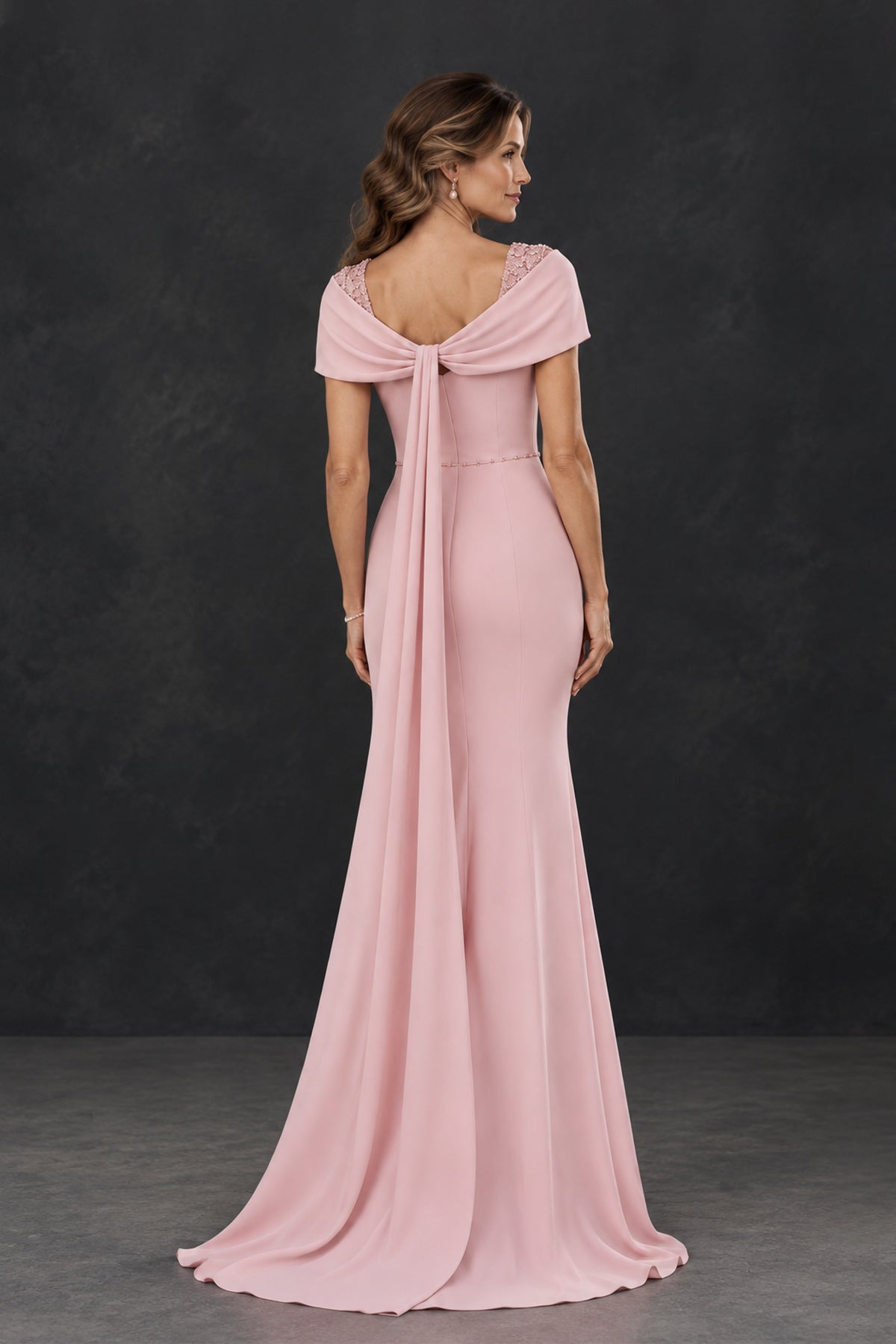 BOLODOO XX081 blush pink mother of the groom gown back view showing exposed upper back and long draped panel