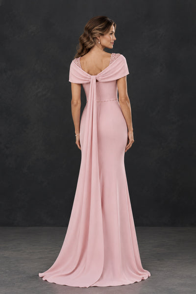 BOLODOO XX081 blush pink mother of the groom gown back view showing exposed upper back and long draped panel