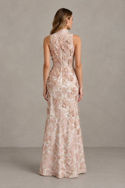 Back view of BOLODOO blush pink high-neck evening gown showing covered back and all-over floral details