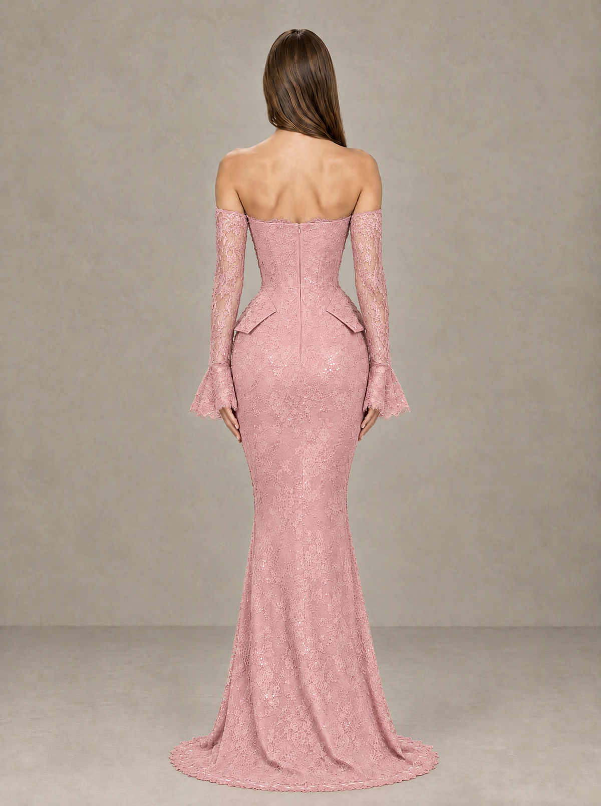 BOLODOO XCD012 lace evening gown, back view showing exposed upper back and center-back zipper