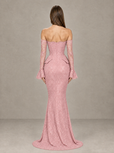 BOLODOO XCD012 lace evening gown, back view showing exposed upper back and center-back zipper